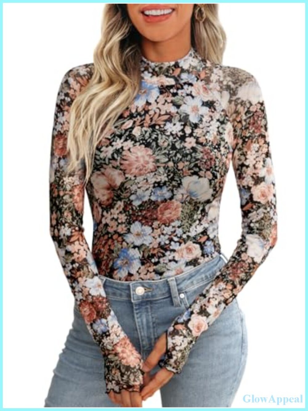 Womens Lace Sheer Floral Mesh Mock Neck Long Sleeve Top
